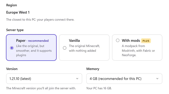 Creating a server in the LanWarp app: server type, version and memory