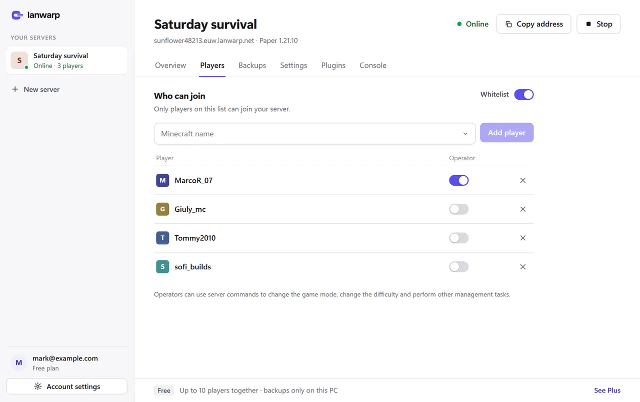 The LanWarp app: Whitelist and operators.